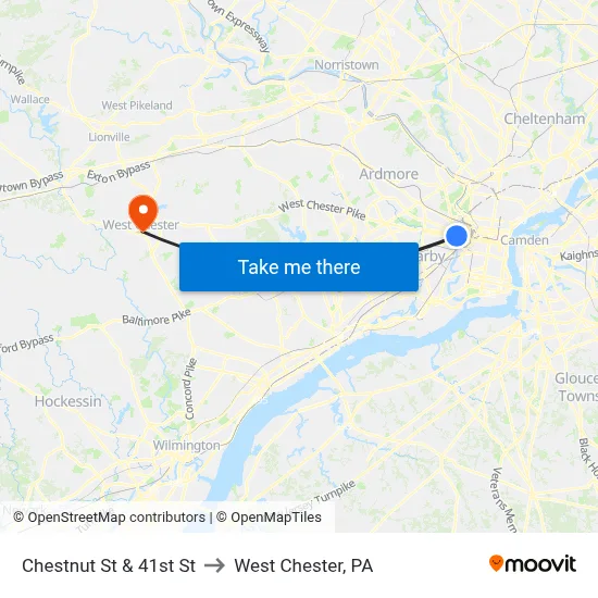 Chestnut St & 41st St to West Chester, PA map