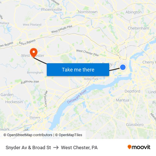 Snyder Av & Broad St to West Chester, PA map