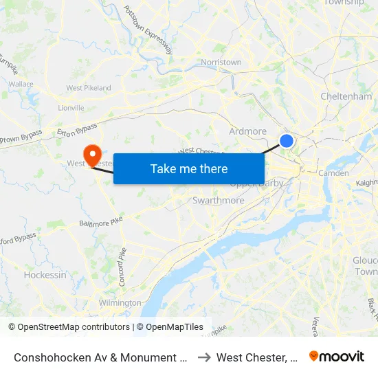 Conshohocken Av & Monument Rd to West Chester, PA map