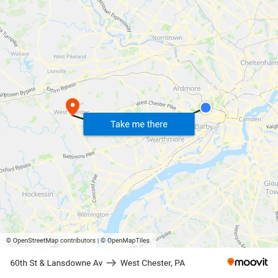60th St & Lansdowne Av to West Chester, PA map