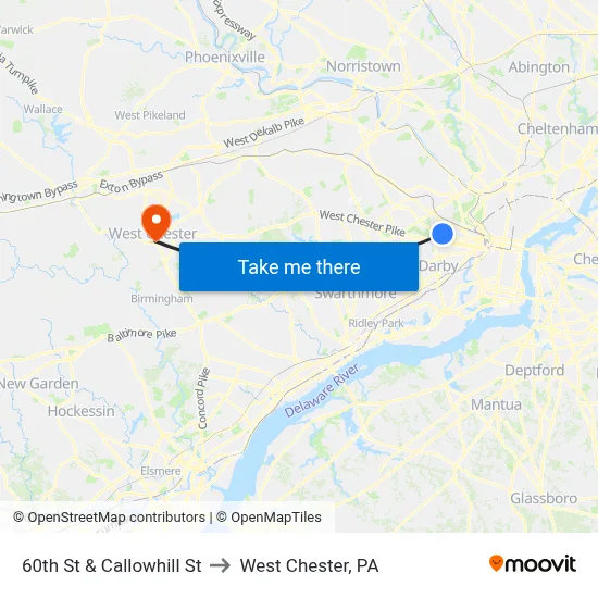 60th St & Callowhill St to West Chester, PA map