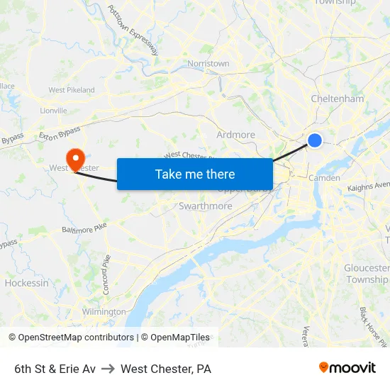 6th St & Erie Av to West Chester, PA map