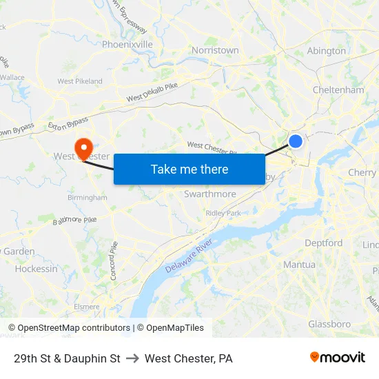 29th St & Dauphin St to West Chester, PA map