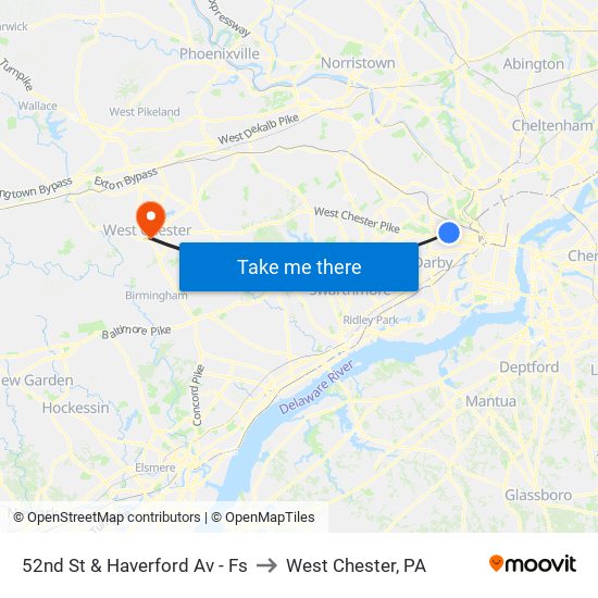 52nd St & Haverford Av - Fs to West Chester, PA map