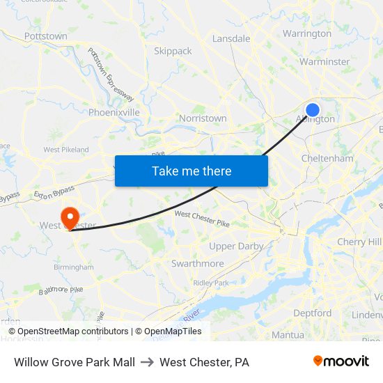 Willow Grove Park Mall to West Chester, PA map