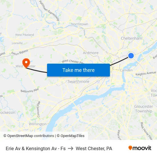 Erie Av & Kensington Av - Fs to West Chester, PA map