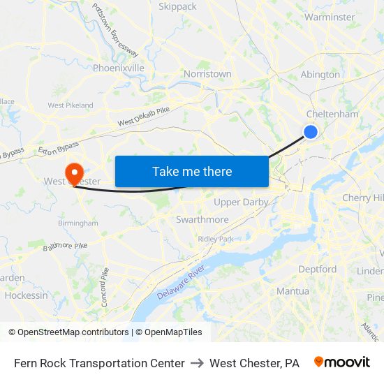 Fern Rock Transportation Center to West Chester, PA map