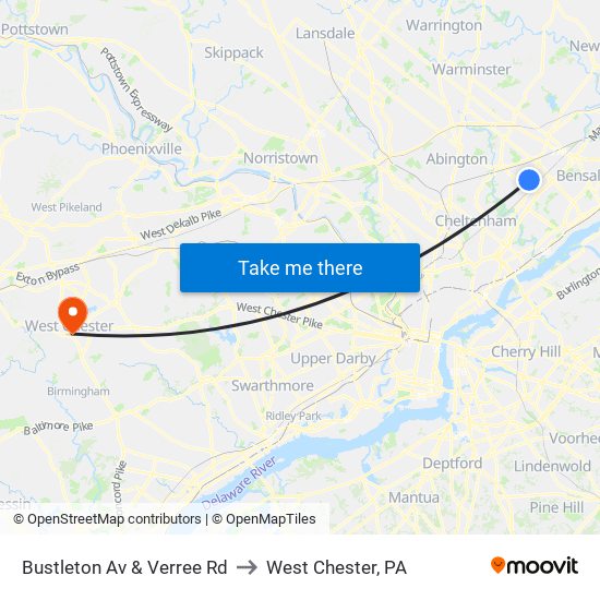 Bustleton Av & Verree Rd to West Chester, PA map