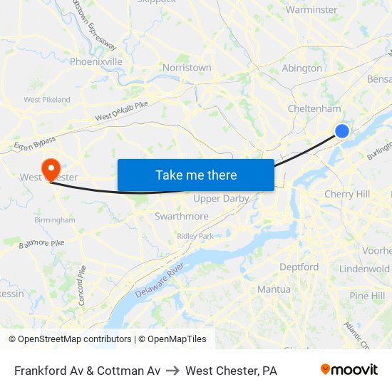 Frankford Av & Cottman Av to West Chester, PA map