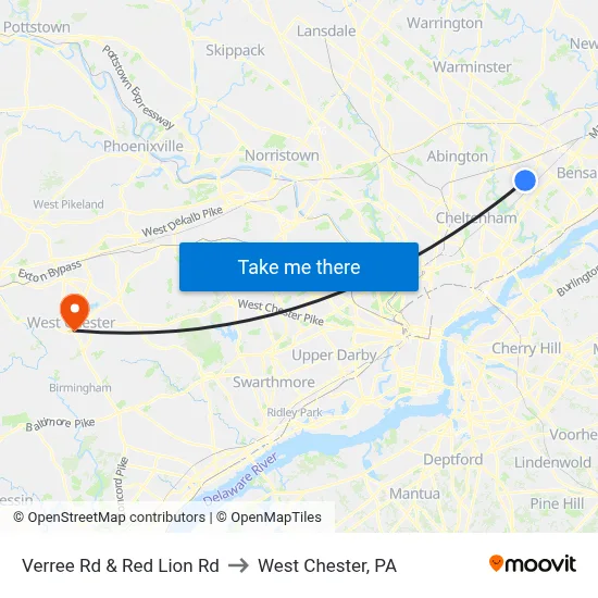 Verree Rd & Red Lion Rd to West Chester, PA map