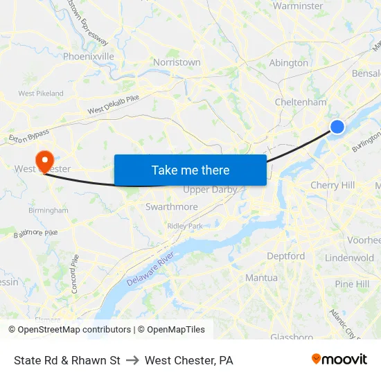 State Rd & Rhawn St to West Chester, PA map