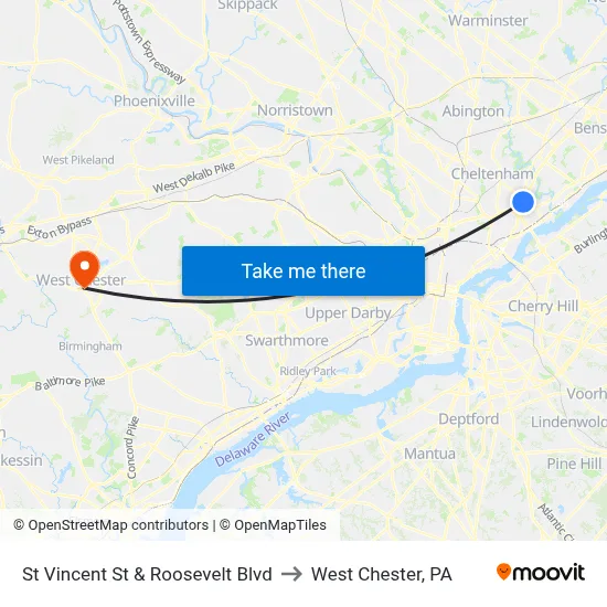 St Vincent St & Roosevelt Blvd to West Chester, PA map