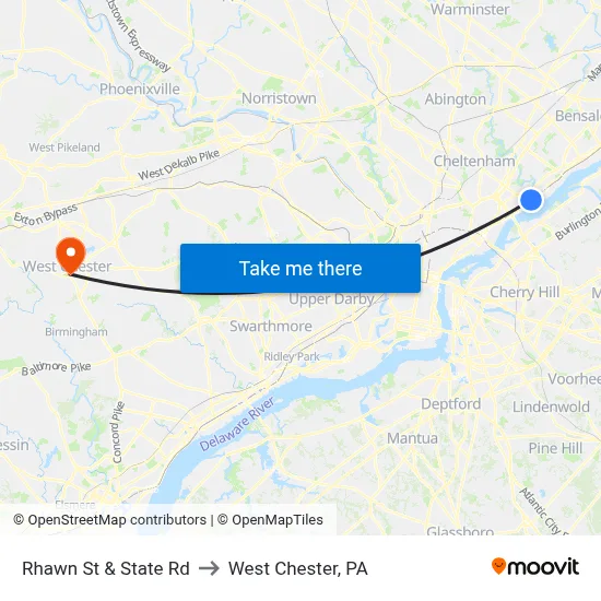 Rhawn St & State Rd to West Chester, PA map
