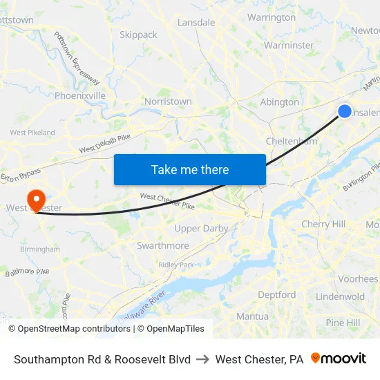 Southampton Rd & Roosevelt Blvd to West Chester, PA map