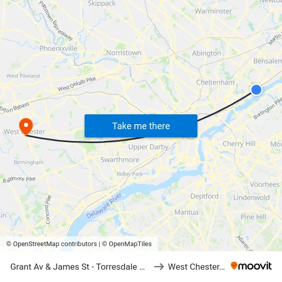 Grant Av & James St - Torresdale Station to West Chester, PA map