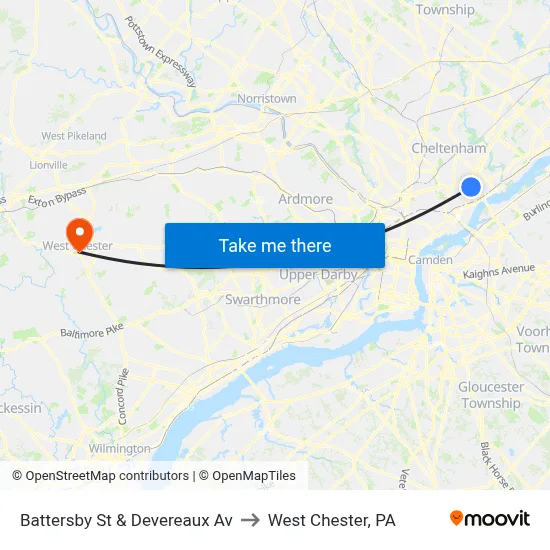 Battersby St & Devereaux Av to West Chester, PA map
