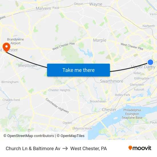Church Ln & Baltimore Av to West Chester, PA map