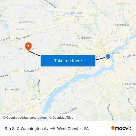 9th St & Washington Av to West Chester, PA map