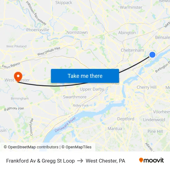 Frankford Av & Gregg St Loop to West Chester, PA map