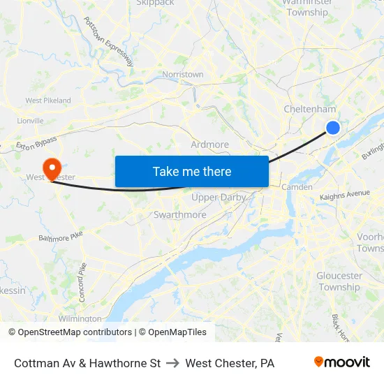 Cottman Av & Hawthorne St to West Chester, PA map
