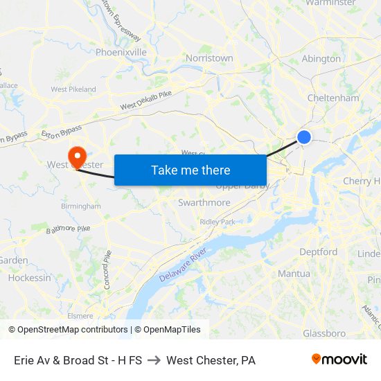 Erie Av & Broad St - H FS to West Chester, PA map