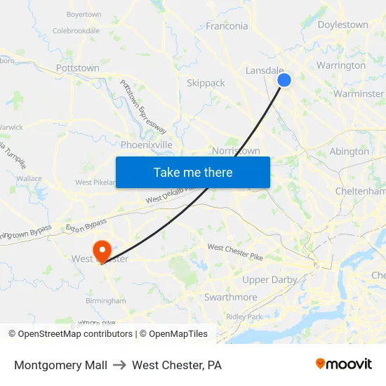Montgomery Mall to West Chester, PA map