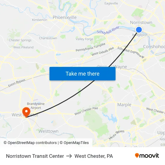 Norristown Transit Center to West Chester, PA map