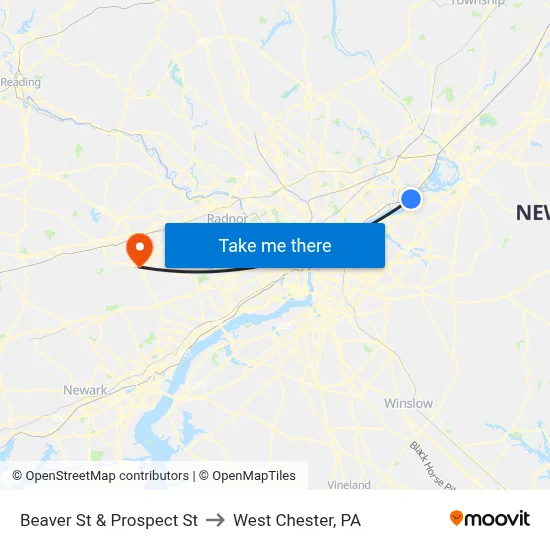 Beaver St & Prospect St to West Chester, PA map