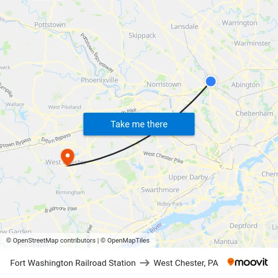 Fort Washington Railroad Station to West Chester, PA map