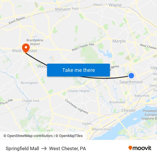 Springfield Mall to West Chester, PA map