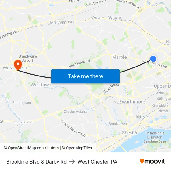 Brookline Blvd & Darby Rd to West Chester, PA map