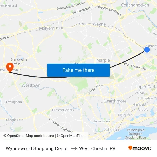 Wynnewood Shopping Center to West Chester, PA map