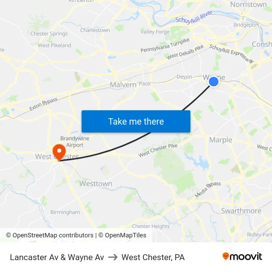 Lancaster Av & Wayne Av to West Chester, PA map