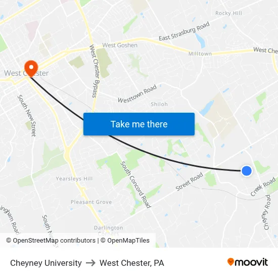 Cheyney University to West Chester, PA map