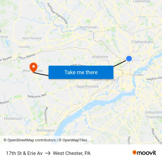17th St & Erie Av to West Chester, PA map