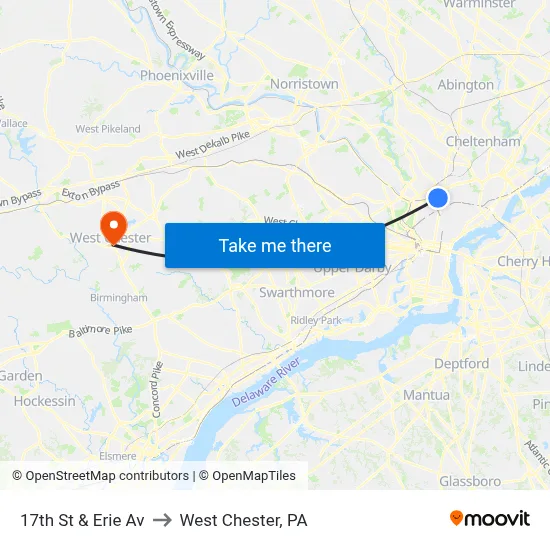 17th St & Erie Av to West Chester, PA map