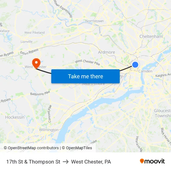 17th St & Thompson St to West Chester, PA map