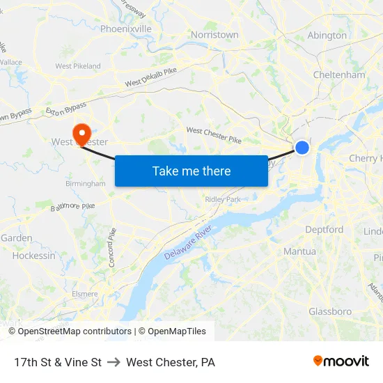 17th St & Vine St to West Chester, PA map