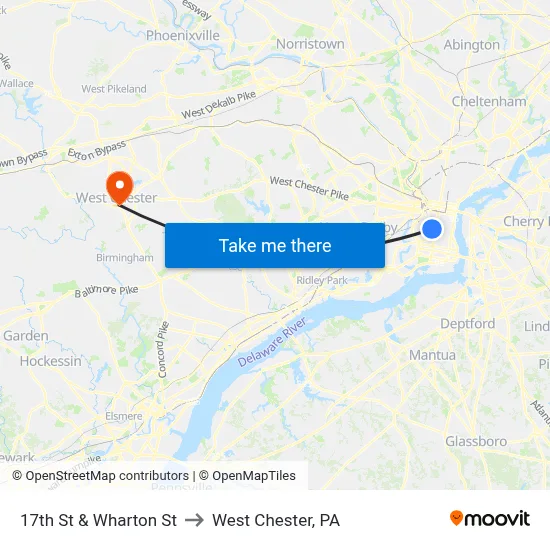 17th St & Wharton St to West Chester, PA map