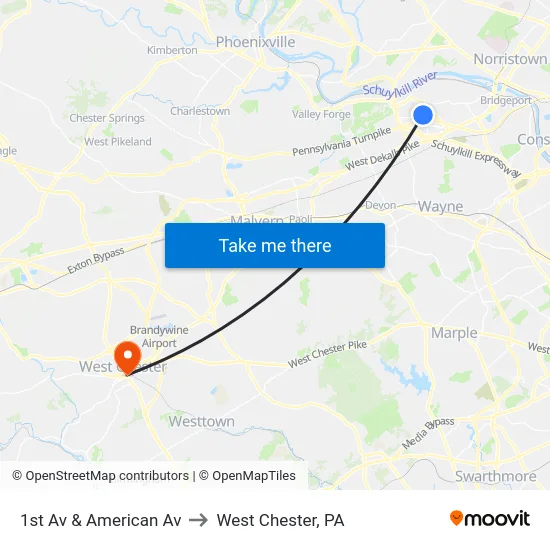 1st Av & American Av to West Chester, PA map