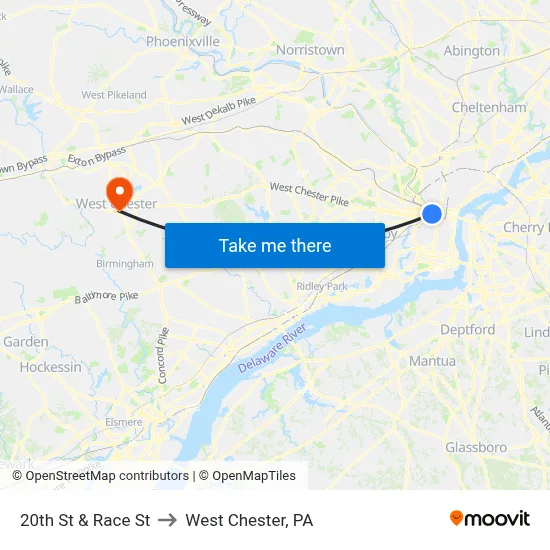 20th St & Race St to West Chester, PA map