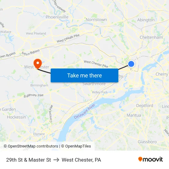 29th St & Master St to West Chester, PA map
