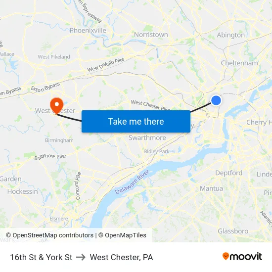 16th St & York St to West Chester, PA map