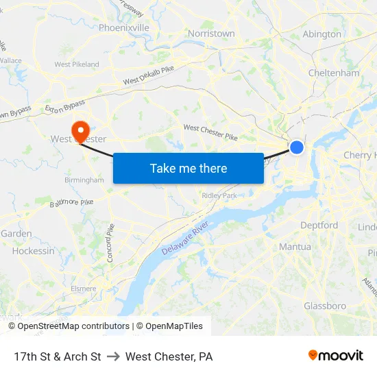 17th St & Arch St to West Chester, PA map