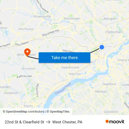 22nd St & Clearfield St to West Chester, PA map