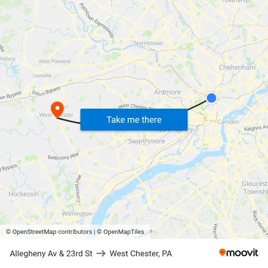 Allegheny Av & 23rd St to West Chester, PA map