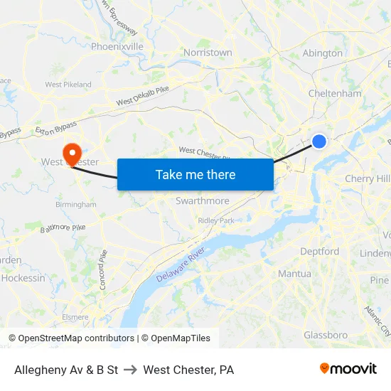 Allegheny Av & B St to West Chester, PA map