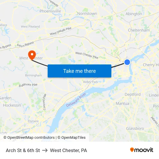 Arch St & 6th St to West Chester, PA map