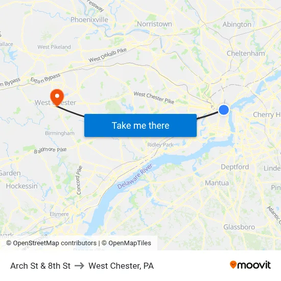 Arch St & 8th St to West Chester, PA map