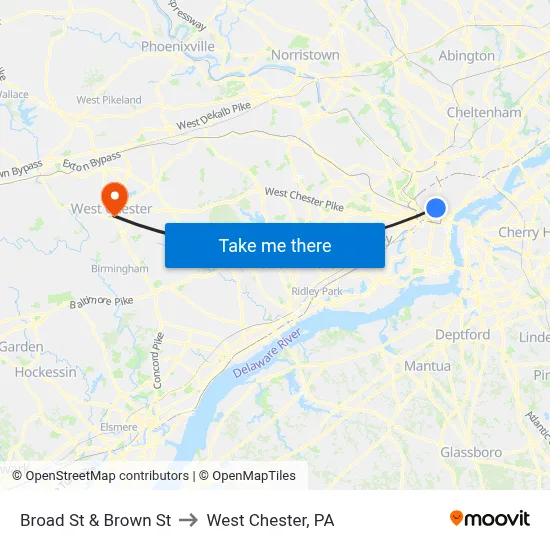 Broad St & Brown St to West Chester, PA map